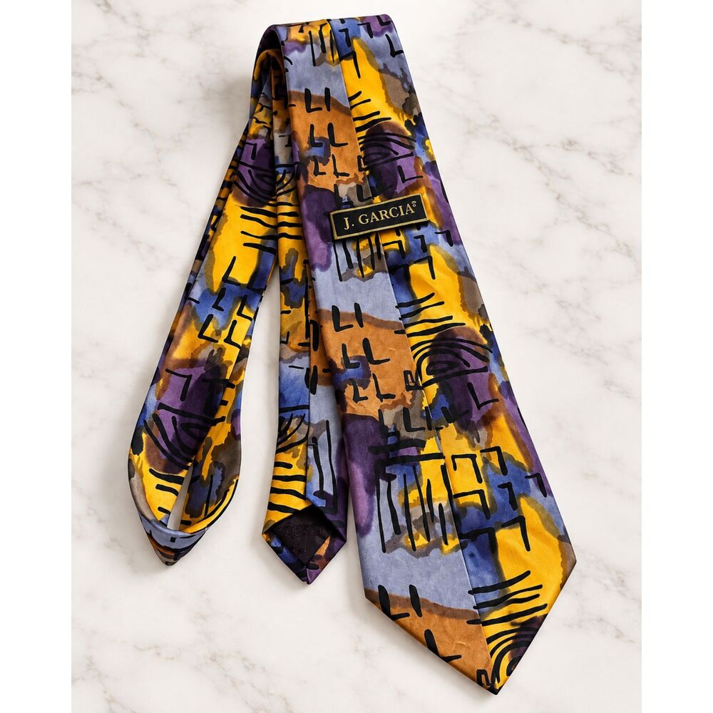 J. Garcia 100% Silk Men’s Necktie Abstract Art Purple Gold Blue Designer Tie